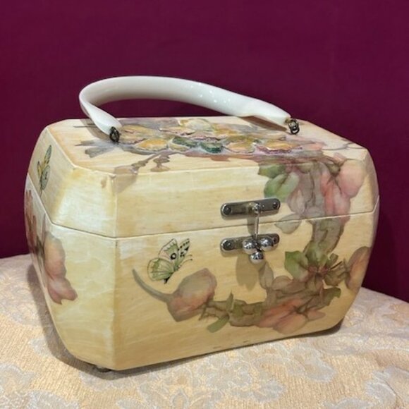 DECOUPAGE Octagon Handmade Flower Wood Lucite Handle PURSE - Picture 3 of 11